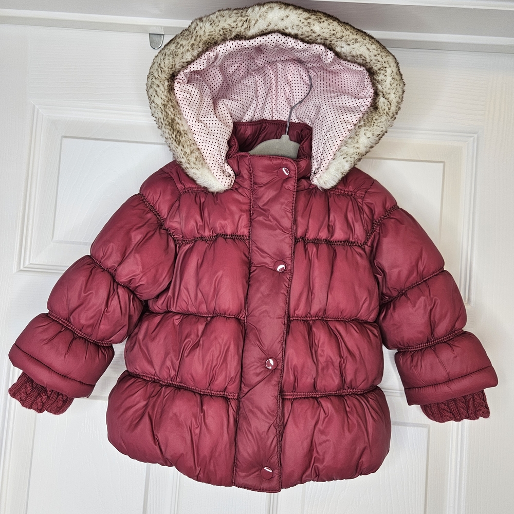 NWOT Joe Fresh Baby Girl Puffer Jacket Burgundy Pink Removable Hood 3-6M